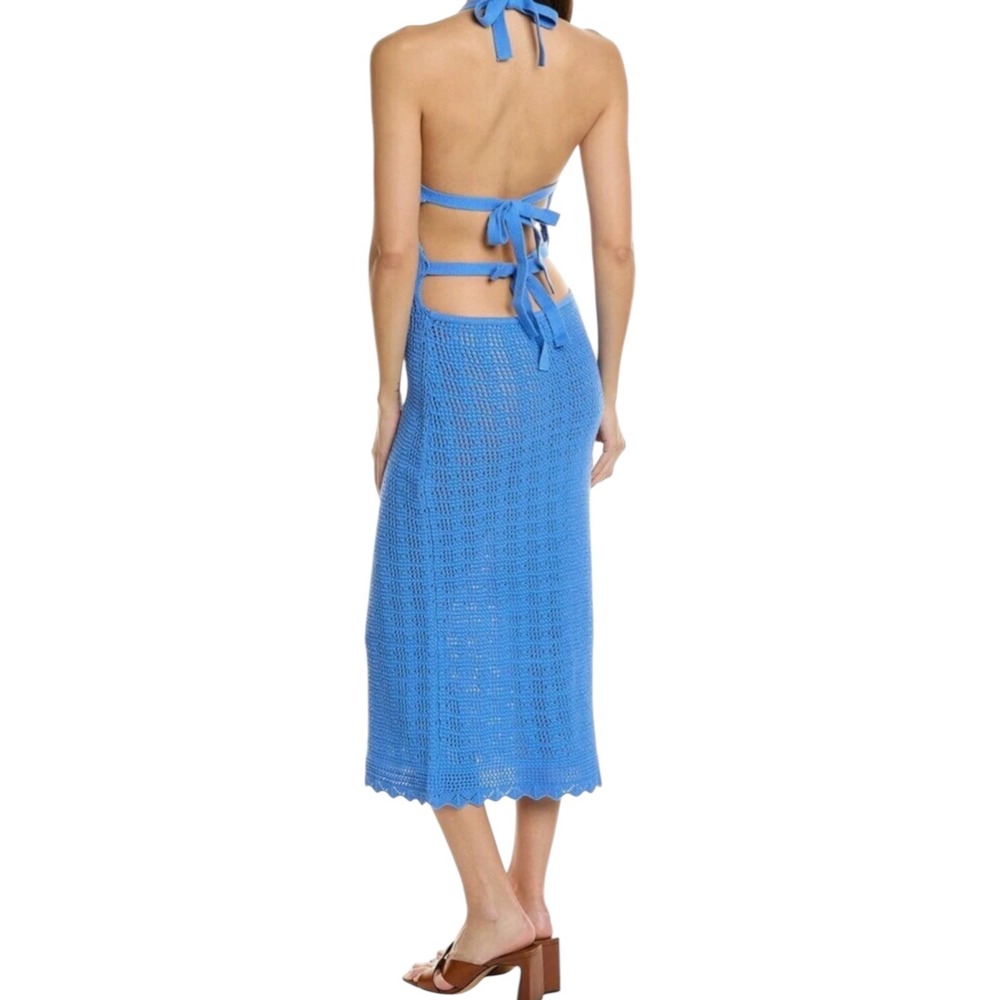 525 Dress Size Large Crochet Halter Blue Open Back Tie Cotton Midi Beach New